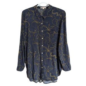 GRAND & GREENE chain print Navy blouse button down shirt adjustable sleeves L @P